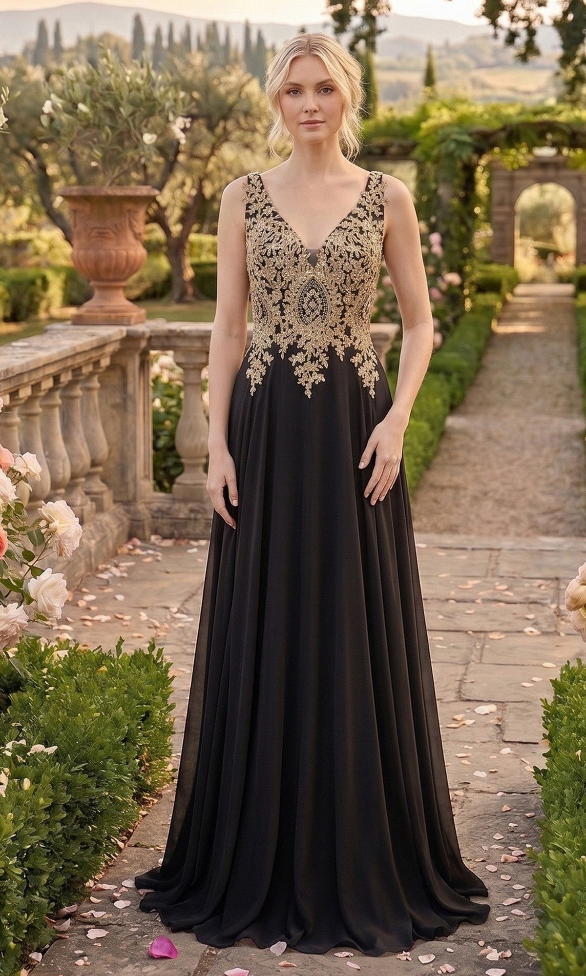 A woman stands in a garden wearing the Chicas DM4006 Long Formal Dress in black, a sleeveless gown adorned with intricate gold embroidery on the bodice. The elegant chiffon A-line skirt of the dress perfectly complements the stone pathway, flowers, and lush greenery visible in the background.